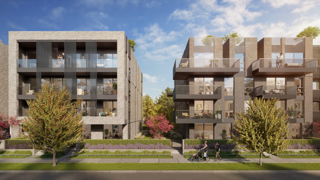 Boutique concrete residential buildings at Ashleigh on Vancouver’s West Side with landscaped courtyard and private balconies