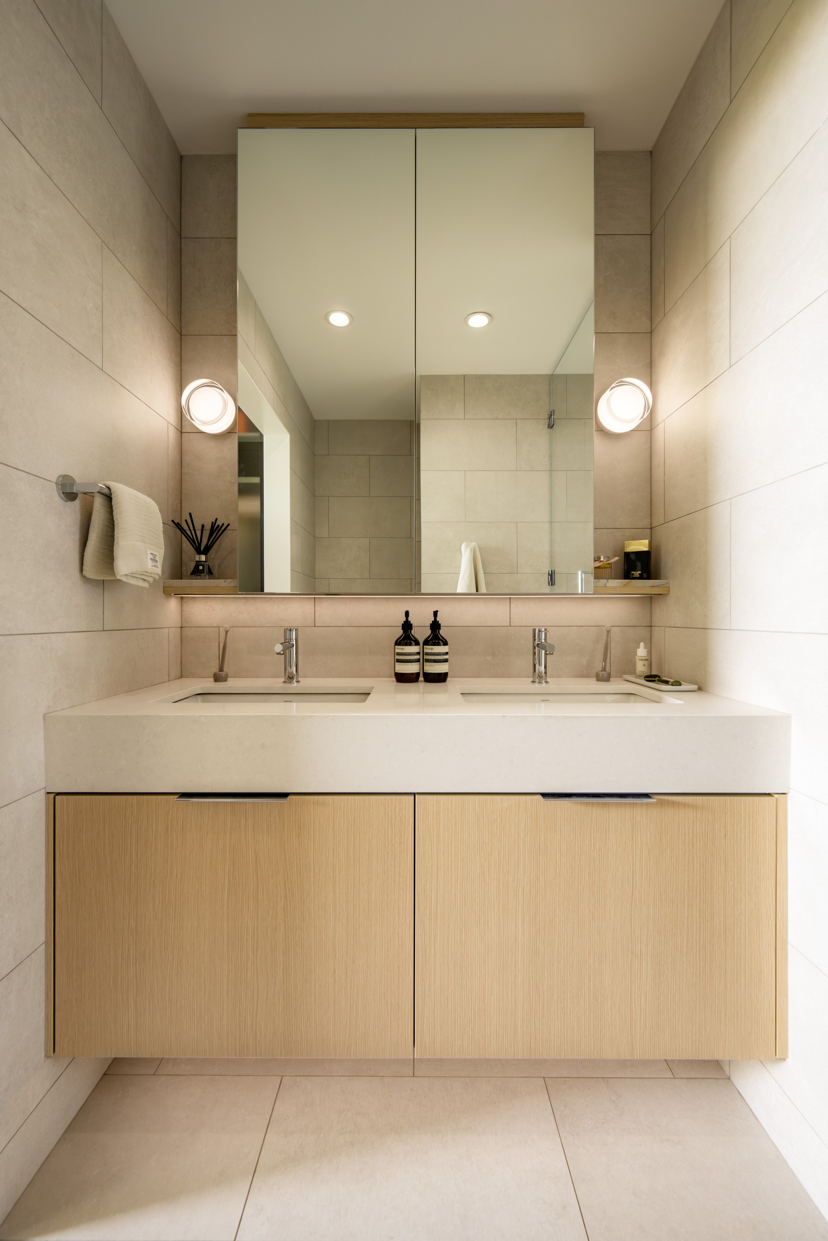floating cabinet at spa-style bathroom